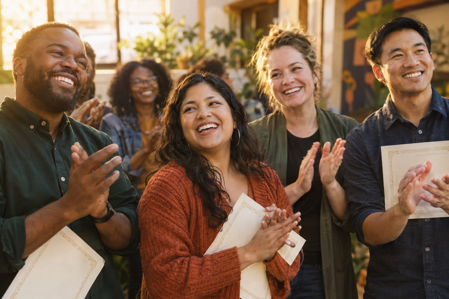 Diverse group of adults celebrating program graduation