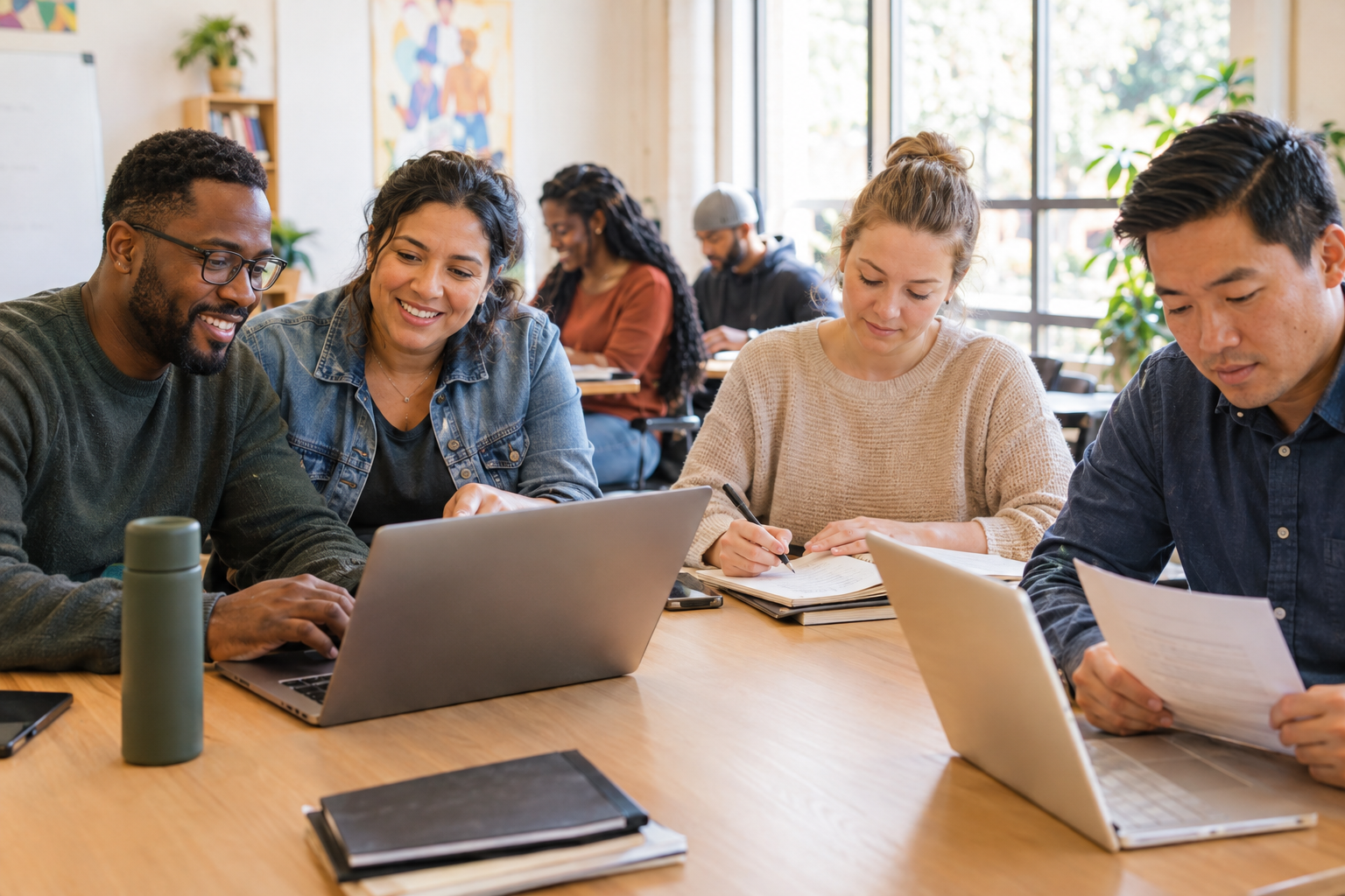 Diverse group of adults learning together in a community classroom