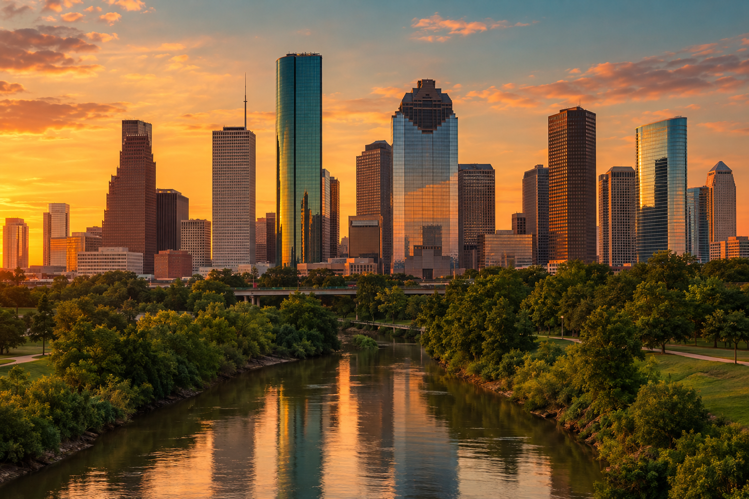 Houston, Texas skyline at golden hour